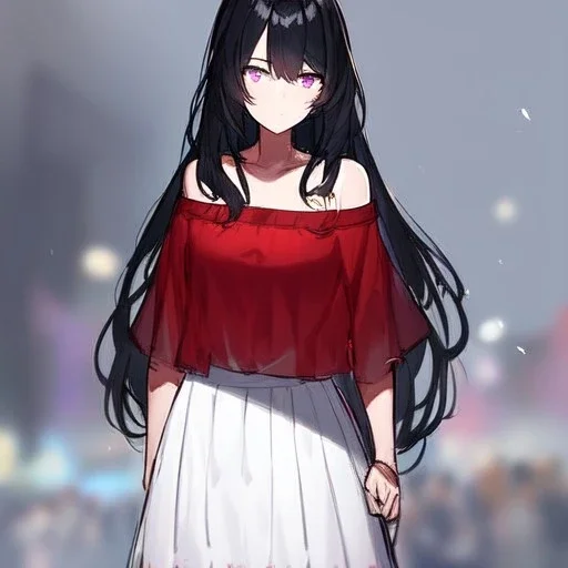 Clear focus, High resolution, rough line sketch, long fluffy black hair, purple eyes, off shoulder shirt, wearing a white skirt, red shirt