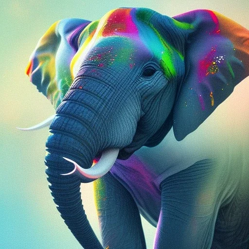 Elephant head portrait, bright colors, splash paint, centered, detail, 8k resolution