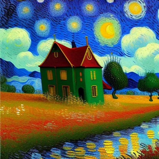 Dibujo al oleo de una pradera con una casa y un oso con muchas nubes de colores estilo Vincent van Gogh