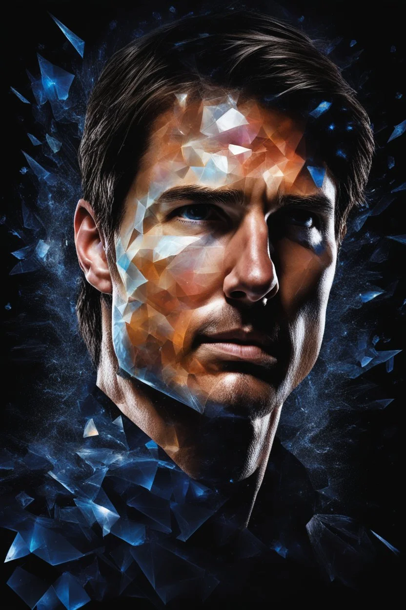 Tom Cruise facial portrait - pitch-black background with a blue glowing overhead spotlight effect, multicolored shards of ice, splashing water, prism effect, mosaic effect, time travel, space voyages, superheroes, moving really fast