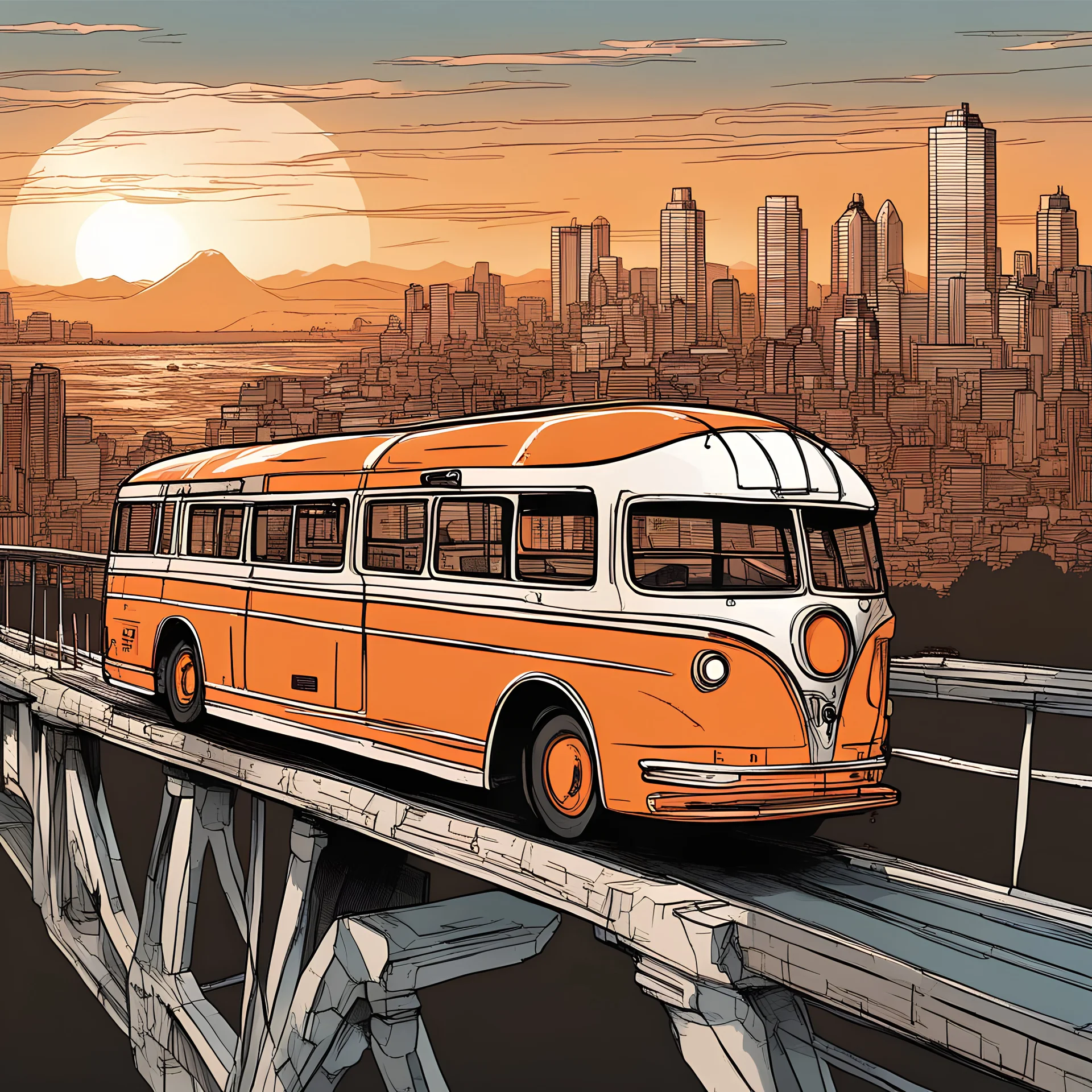 A futuristic line art orange bus gracefully traverses a bridge, overlooking a picturesque cityscape at sunset.