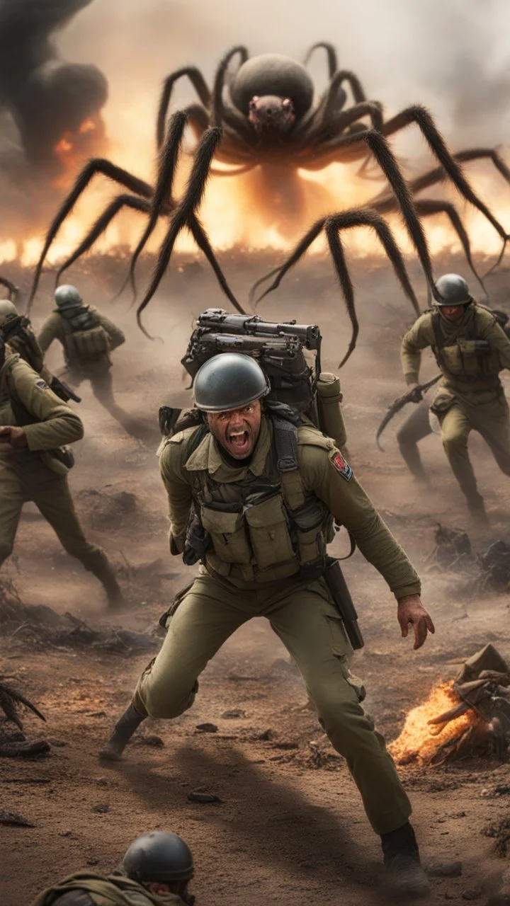A front view of War of showing thousands of solders are running away from a distance toward the camera with scary faces and fear from one big spider behind them, in the background fires and dead’s and big fights on the ground