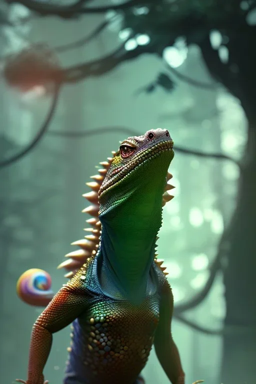 award winning portrait of a male anthropomorphic rainbow lizard long vblack hair. character design by cory loftis, fenghua zhong, ryohei hase, ismail inceoglu and ruan jia. unreal engine 5, artistic lighting, highly detailed, photorealistic, fantasy