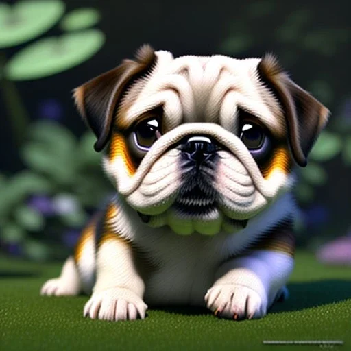 pixar style, volumetric garden environment and background, realistic painting of a cute midget bulldog puppy laying on the ground, looking excited, detailed digital painting, extreme dense and fine fur, anime, ornate, colour-washed colors, elegant, small minutiae, tiny features, particulars, centered, smooth, sharp focus, renderman gofur render, 8k, uhd, detailed eyes, realistic shaded volumetric lighting, sunlight caustics, backlight, centered camera view