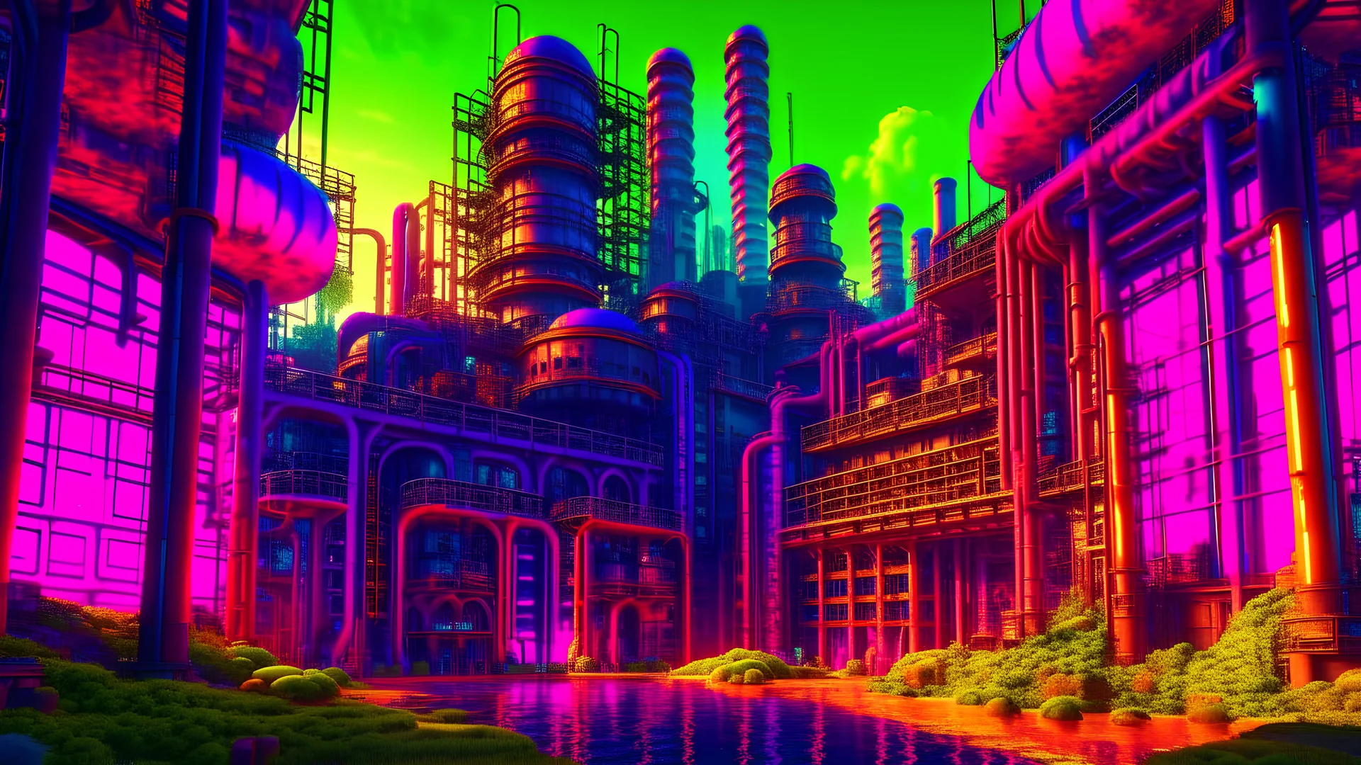 a giant factory, dreamy, psychedelic, 4k, sharp focus, volumetrics, trippy background