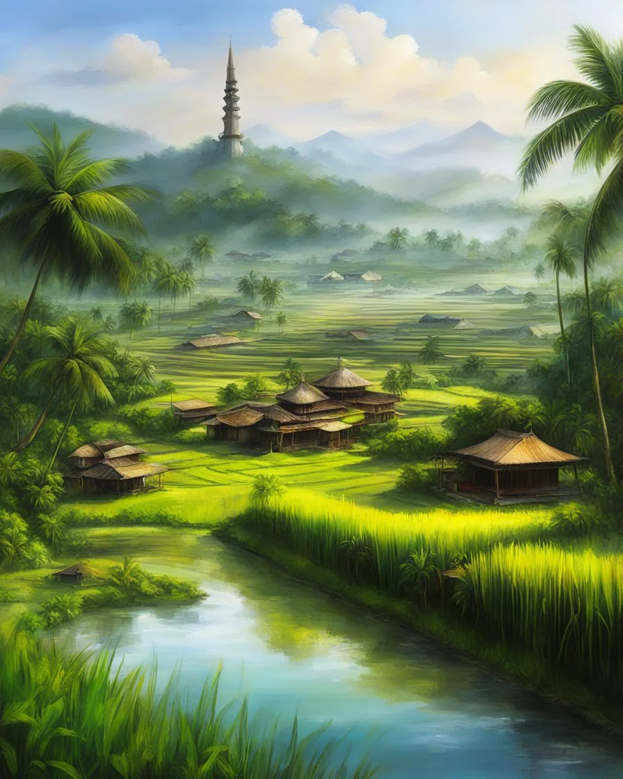 Beautiful Digital Painting art Indonesia village and islamic Mosque,surrounded rice paddy fields