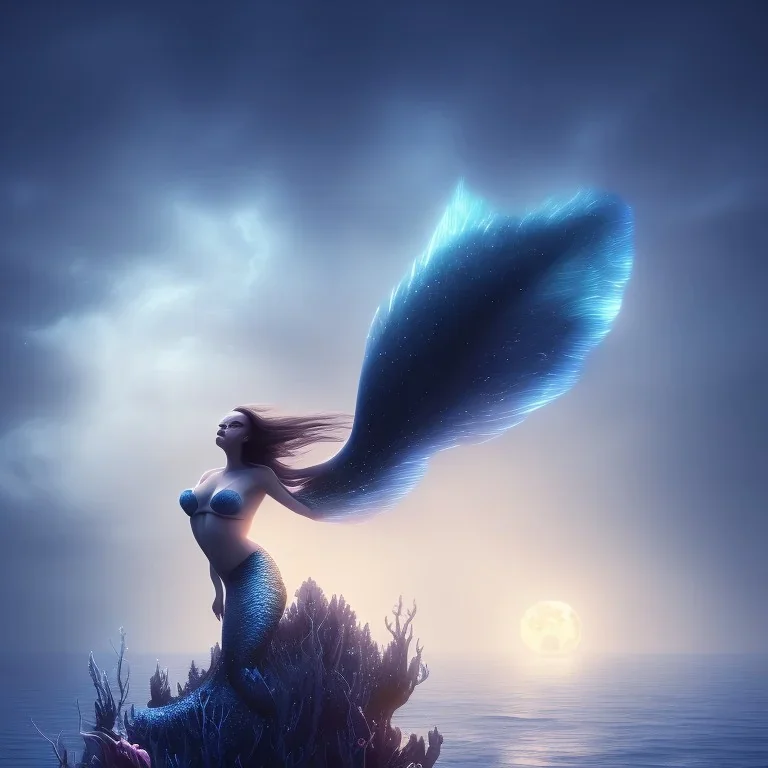 cinematic image of a mermaid in a plain night sea, bloom, darknight with a moon and big clouds, 8k, full details, glowing blue, foggy night, fine-detail, volumetric lighting, high-quality, illustration