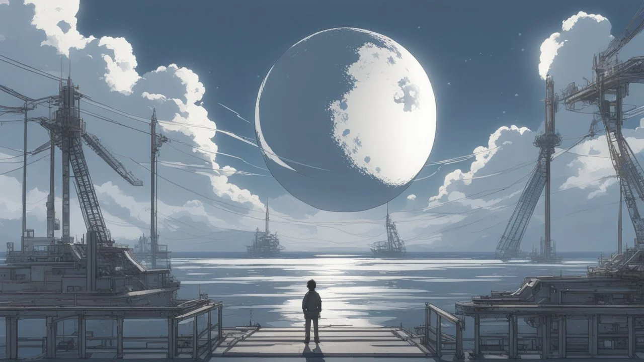 giant half transparent moon, glitchy, blurry, mechanical, sci-fi, maximum quality, centered on frame, far view, seaside, white sky with cumulonimbus, anime, makoto shinkai style, japanese pier, rusty, decrepit, foggy, grayscale