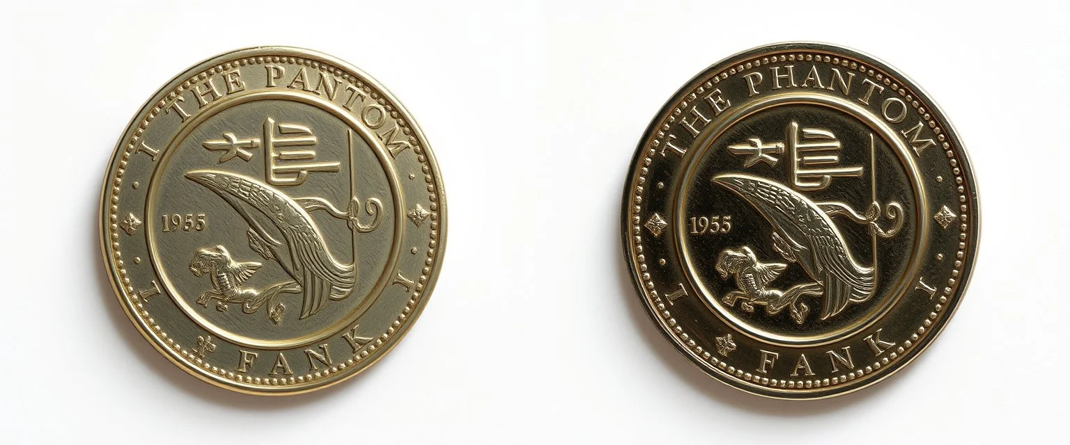 a coin with an emblem of "The Phantom" by Lee Falk