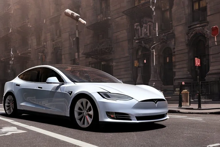 A Tesla 'Model S' is parked, near the 'Central Synagogue' in New York City. (CINEMATIC, WIDE ANGLE LENS, PHOTO REAL)
