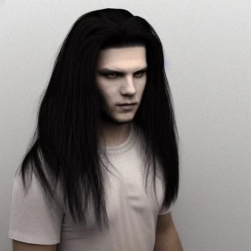 Hombre joven, de cabello negro largo, con ojos rojos, render 3d