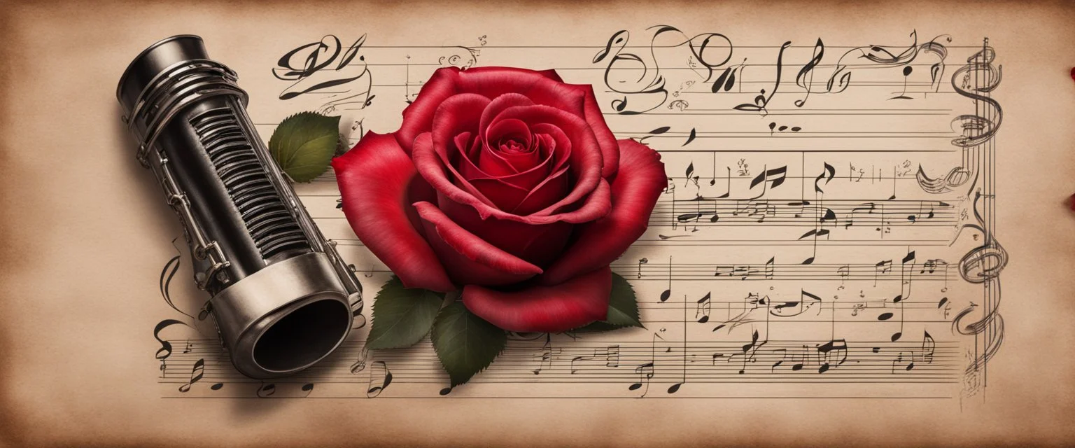 Hyper realistic red rose on a vintage paper with harmonica instrument & musical notes