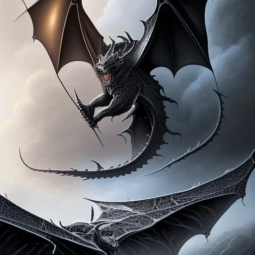 mdjrny-v4 style, highly detailed illustration of a black obsidian dragon, spread wings, black obsidian dragon feet on lava rock, dark sky background, realistic, intricate details, d&d, by artist "Julie Bell", full body