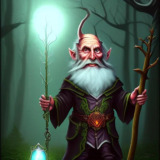 old evil Wizard standing in a dark magical forest at night, holding a staff with a gem in, Devil, Evil