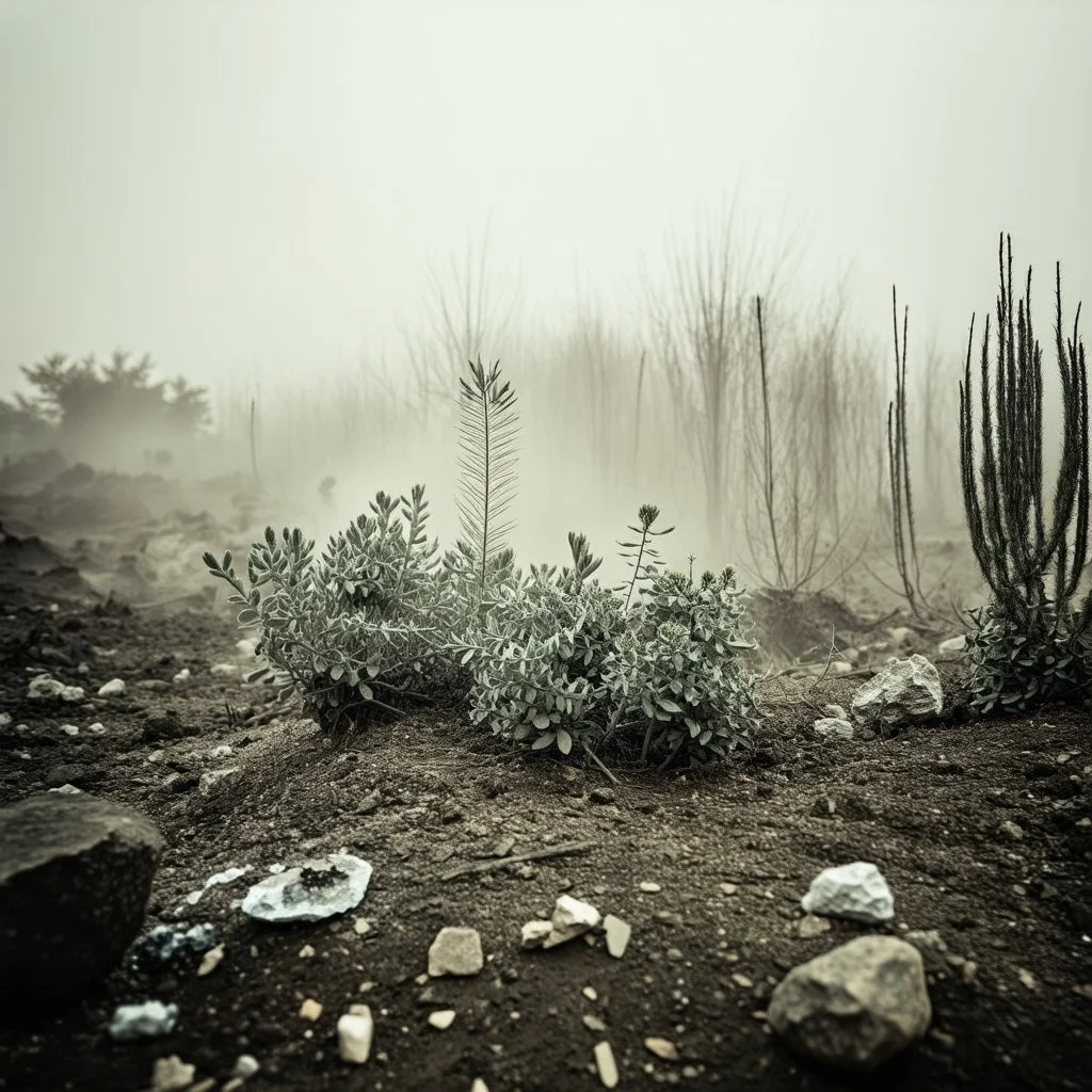 A striking quality Kodak photograph captures a wasteland with oddities and group of plants, creepy, details of the dust very accentuated, Amano, Ernst Haekel, glossy organic mass, adorned with minerals and rocks. Bathed in intense light, eerie, Max Ernst style, black sun, fog