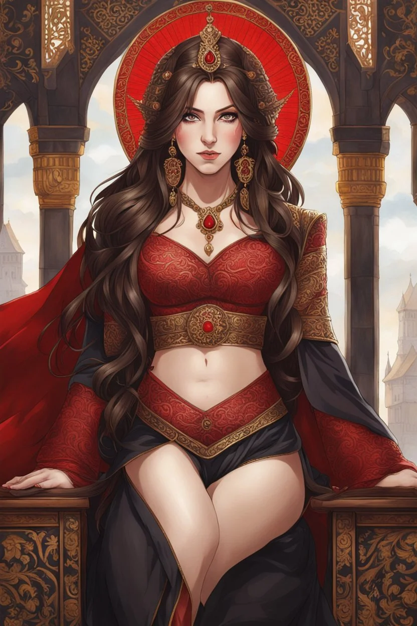 woman with long brown hair and red eyes, medieval concubine, anime style, highly detailed, intricate background, red and black clothes, Greg Rutkowski