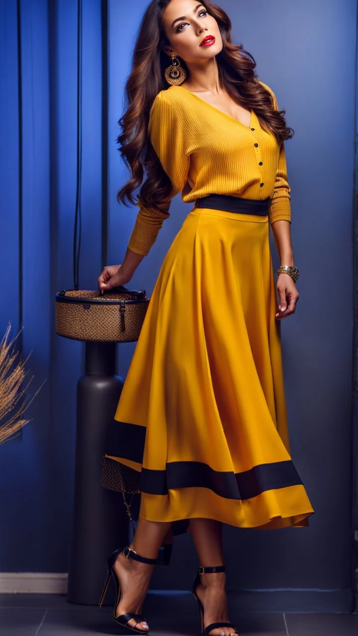 full body of very beautiful lady wearing long skirt and bluse ,standing idle happy pose in studio pretty makeup