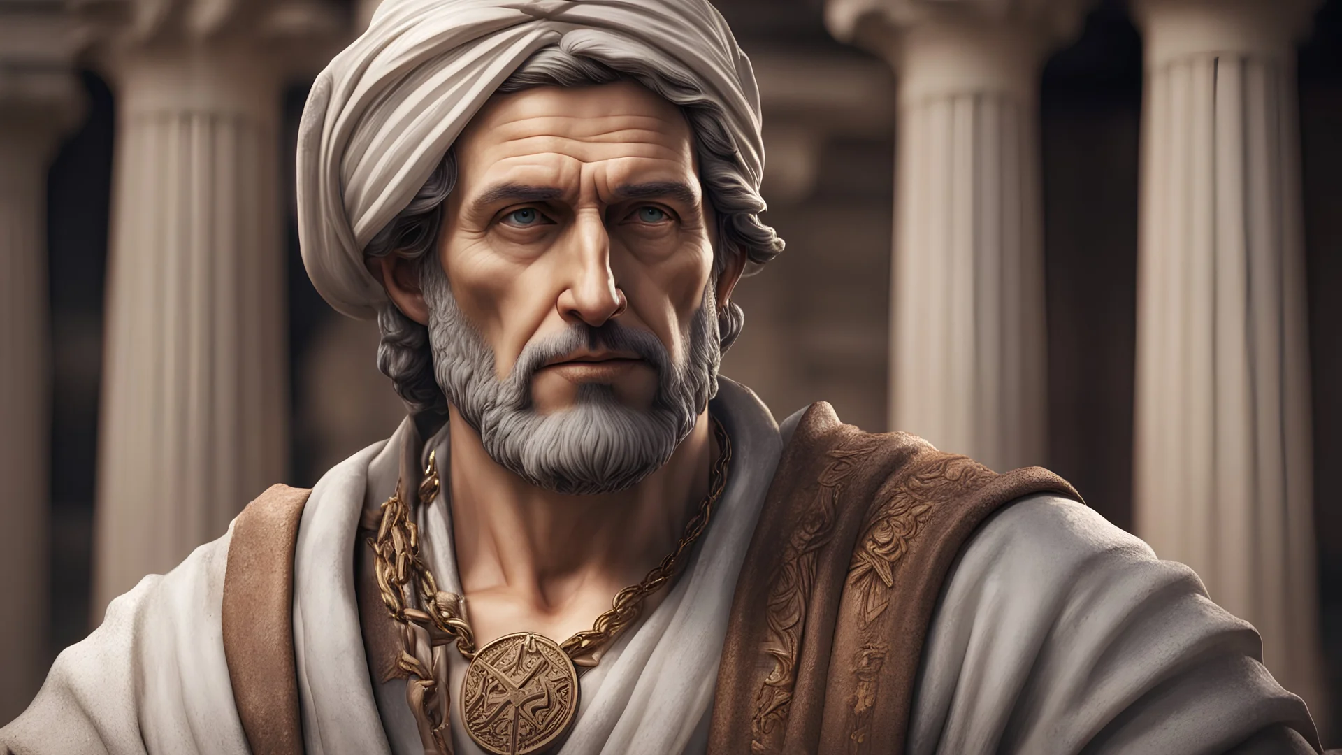 realistic Photo Tertullian in Athens, studying, discussing and reading from scrolls, hd, 4k, handsome, detailed face, cross necklace, make him look very mutch like Tertullian, detailed eyes