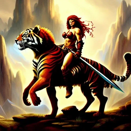 ultra detailed portrait of beautiful Red Sonja riding a Great tiger ,wearing plate armor, extremely detailed digital painting, in the style of A.J. Manzanedo and Robert Howard and Earl Norem and fenghua zhong and ruan jia and jeremy lipking and peter mohrbacher, mystical colors, rim light, beautiful lighting, 8 k, stunning scene, raytracing, octane, trending on artstation