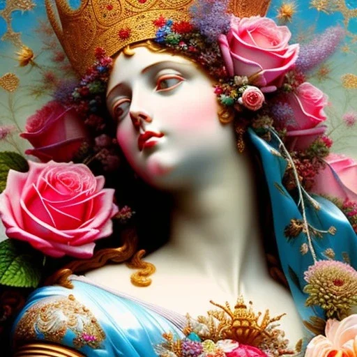 a close up of a statue of a woman surrounded by flowers, digital art, inspired by james christensen, rococo, photography alexey gurylev, crown of blue flowers, clothes made out of flower, agostino arrivabene, jean-sebastien rossbach, portrait of virgin mary, dressed in ornate, shaxi