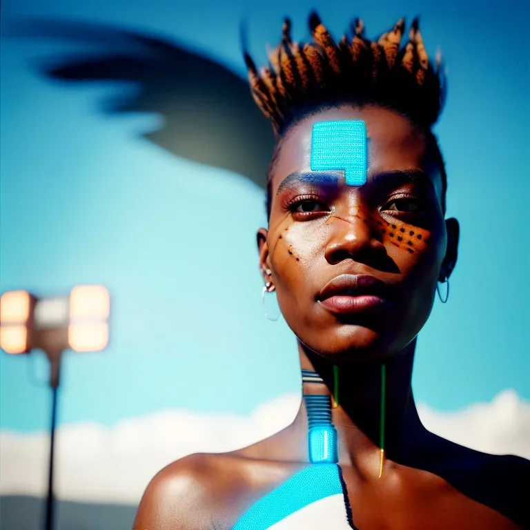 One beautiful portrait of one cyberpunk cyborg black tribal woman with lot's of grain on her skin and big tribal tatoos all over the skin, blue eyes, with natural hair floating in the wind cyborg smiling facing camera orange color scheme, high key lighting, volumetric light high details with white stripes and feathers unreal 5, octane render, cinema4d, dynamic lighting, dramatic lighting, 4k, redshift render, highly detailed, hyper realistic, backlight, sunset