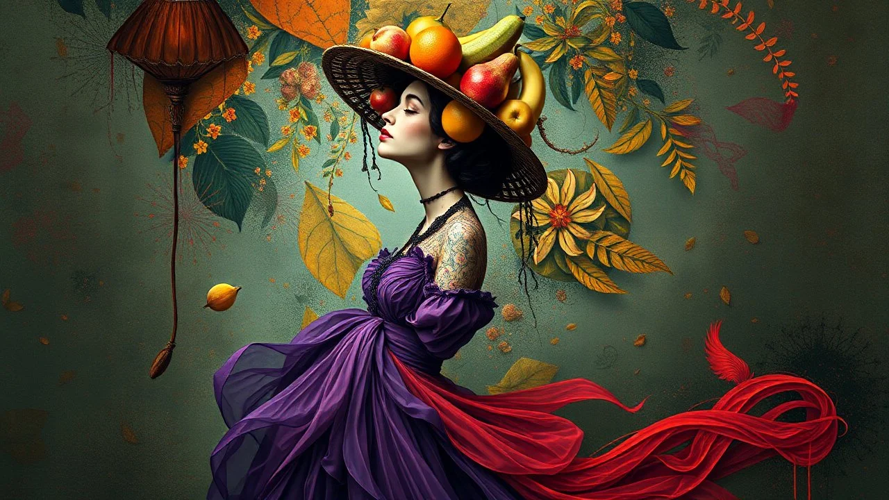 there is a woman in a dress and a hat with fruit on her head, inspired by Arik Brauer, surrealistic digital artwork, inspired by andrey ryabovichev, abstract surrealism, beautiful digital artwork, inspired by Ignacy Witkiewicz, inspired by Darek Zabrocki, stunning digital art, surreal digital art, gorgeous digital art