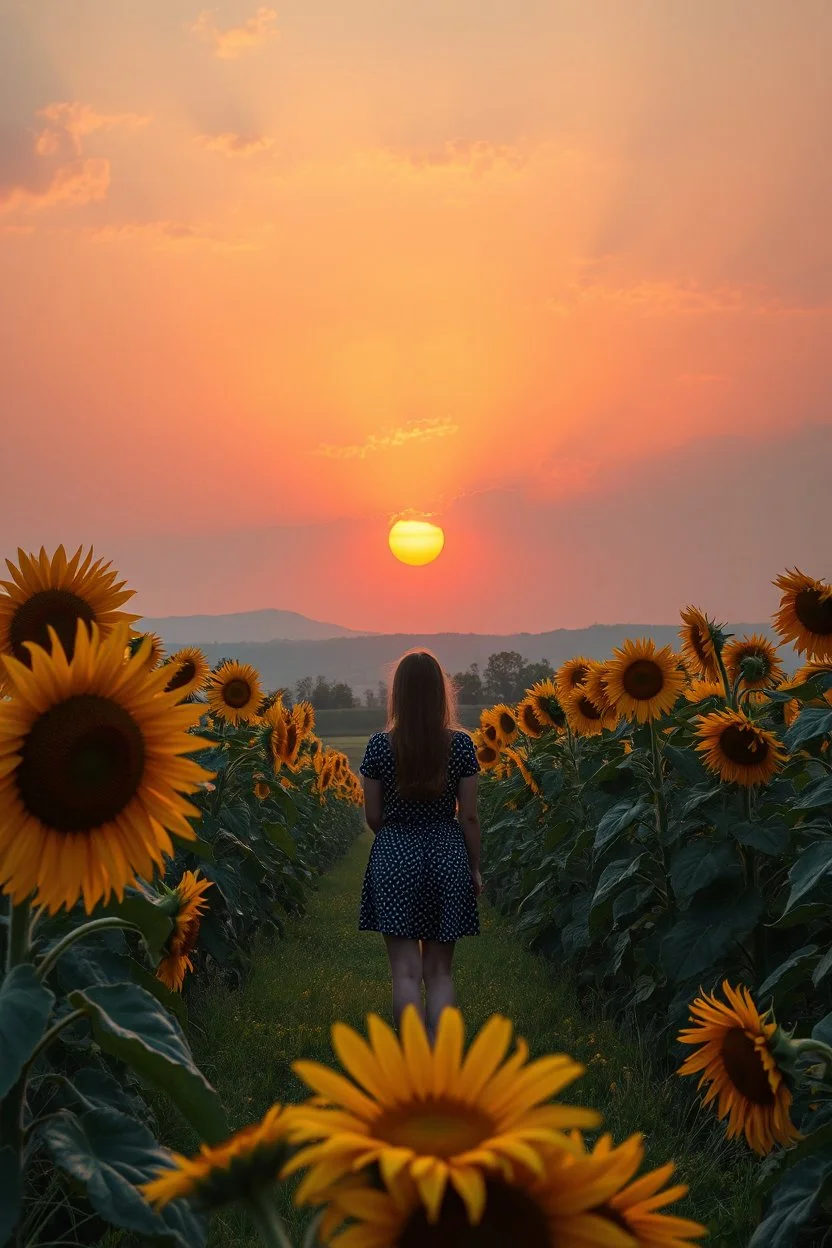 At sunset turn this into a beautiful sunflower scenery, magical, painting quality 8K , a woman standing in the middle watching the sunset
