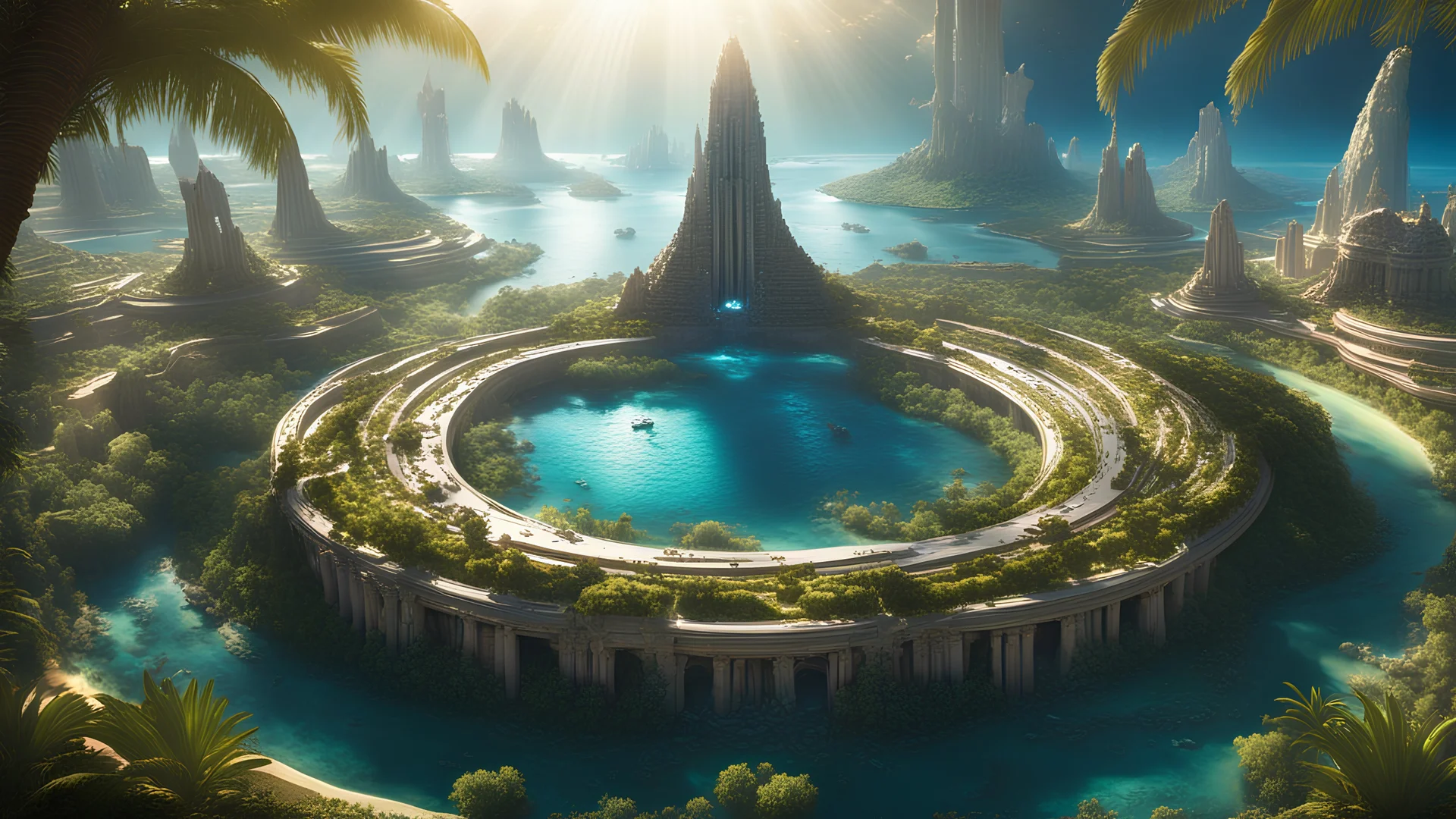 This 8K high-definition image depicts the scene of Atlantis. Rich architecture and vegetation adorn its surface, while iconic ring-shaped structures are distributed across the landscape, showcasing the prosperity of an advanced civilization. The interplay of light and shadow highlights intricate details, creating a mysterious and grandiose portrayal that invites contemplation of the splendor of this civilization. Bright rich colors and gold, grand in scale highly detailed