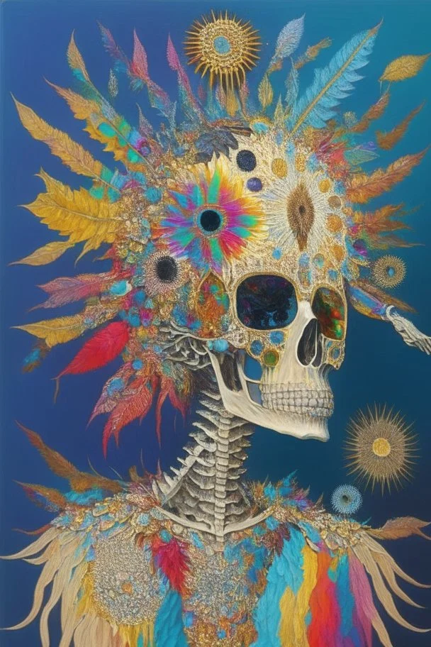 Painting entitled "If you had another hole in your head, your brain would fall out"; neo-surreal skeleton wearing a designer coat of many colors made from mixed media such as feathers, foliage, flowers, gemstones, and shiny sequins that reflect the sun; quilling, award-winning, masterpiece, portfolio piece, fantastical, Intricate, provacative, Hyper-detailed, Holographic, Magnificent, Meticulous, Mysterious