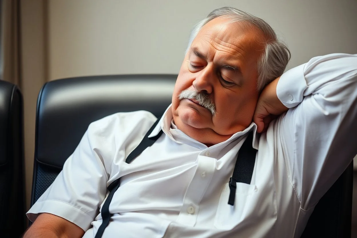 Cree l image d un agent de sécurité proche de la retraite. Il porte des bretelles. Il a une chemise blanche. Il a une petite moustache. Il dort sur une chaise.