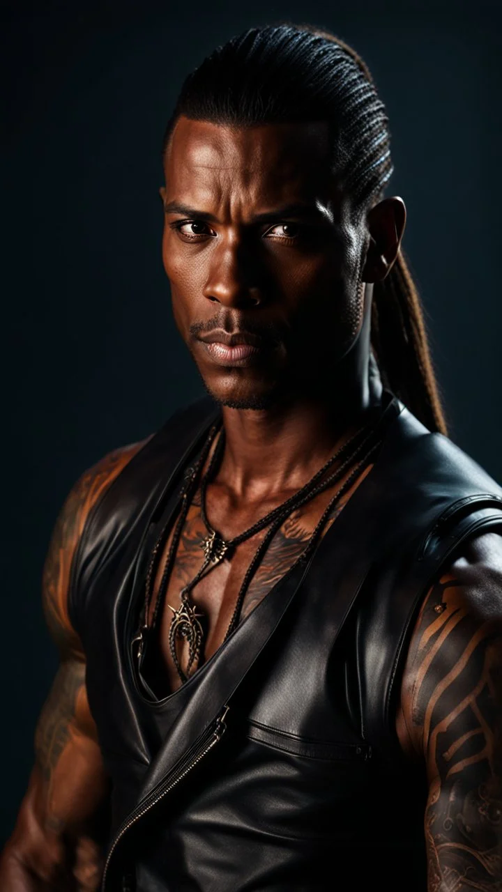 portrait of a 35 year old Handsome muscular male with dark bronze skin adorned with tattoos. His long light brown hair is tied back in a pony tail. He's wearing a leather vest and has a dagger which hangs from his belt. Dark fantasy. Hyperrealistic