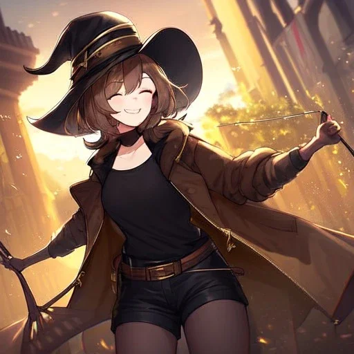 Clear focus, High resolution, short brown spiky hair, hair between eyes, eyes closed, wearing a brown detective hat, wearing a brown jacket and a black shirt, wearing black shorts, 1girl, pulling hat down, smiling, wearing a oversized jacket