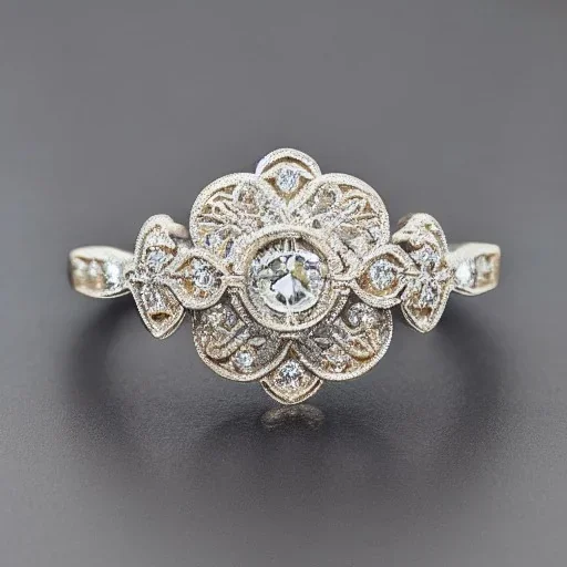 diamond ring, art noveau, filigree, floral, breathtaking, highly ornate, delicate, intricate, photorealistic, high fashion, fine jewellery, luxury, designer