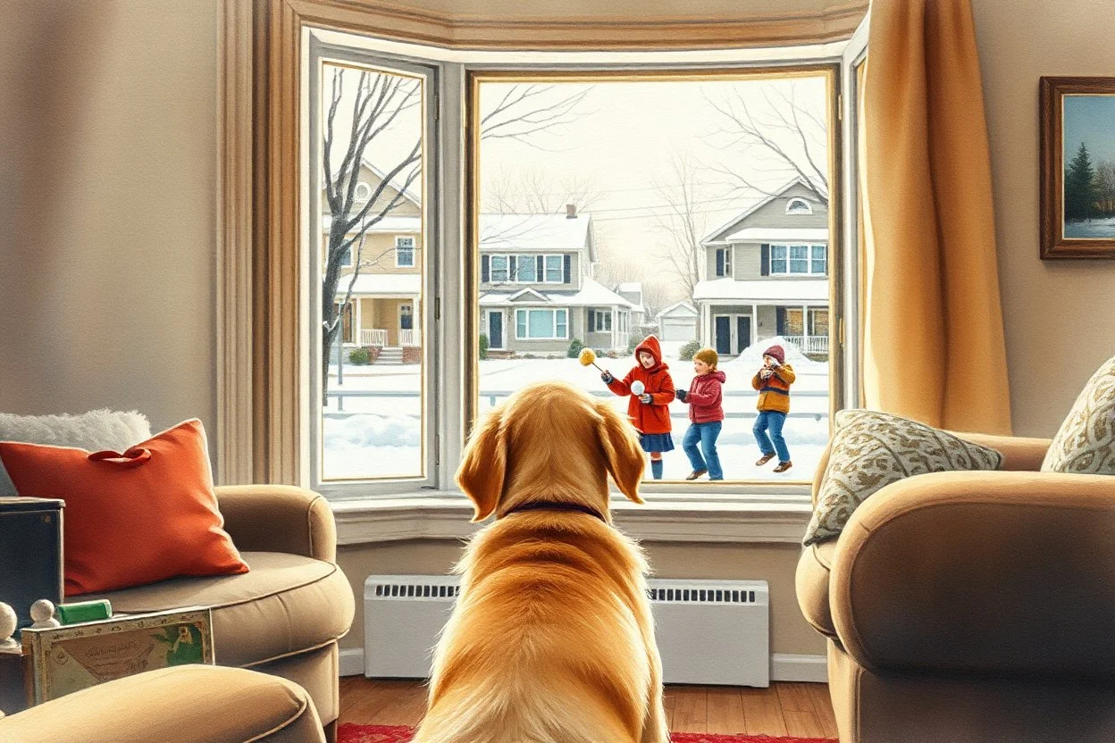 impasto watercolor painting of a golden retriever puppy in a living room looking through a bay window to the outside where kids are having a snowball fight in a suburban street, by Norman Rockwell aesthetic, dreamily nostalgic, long brush strokes, warm