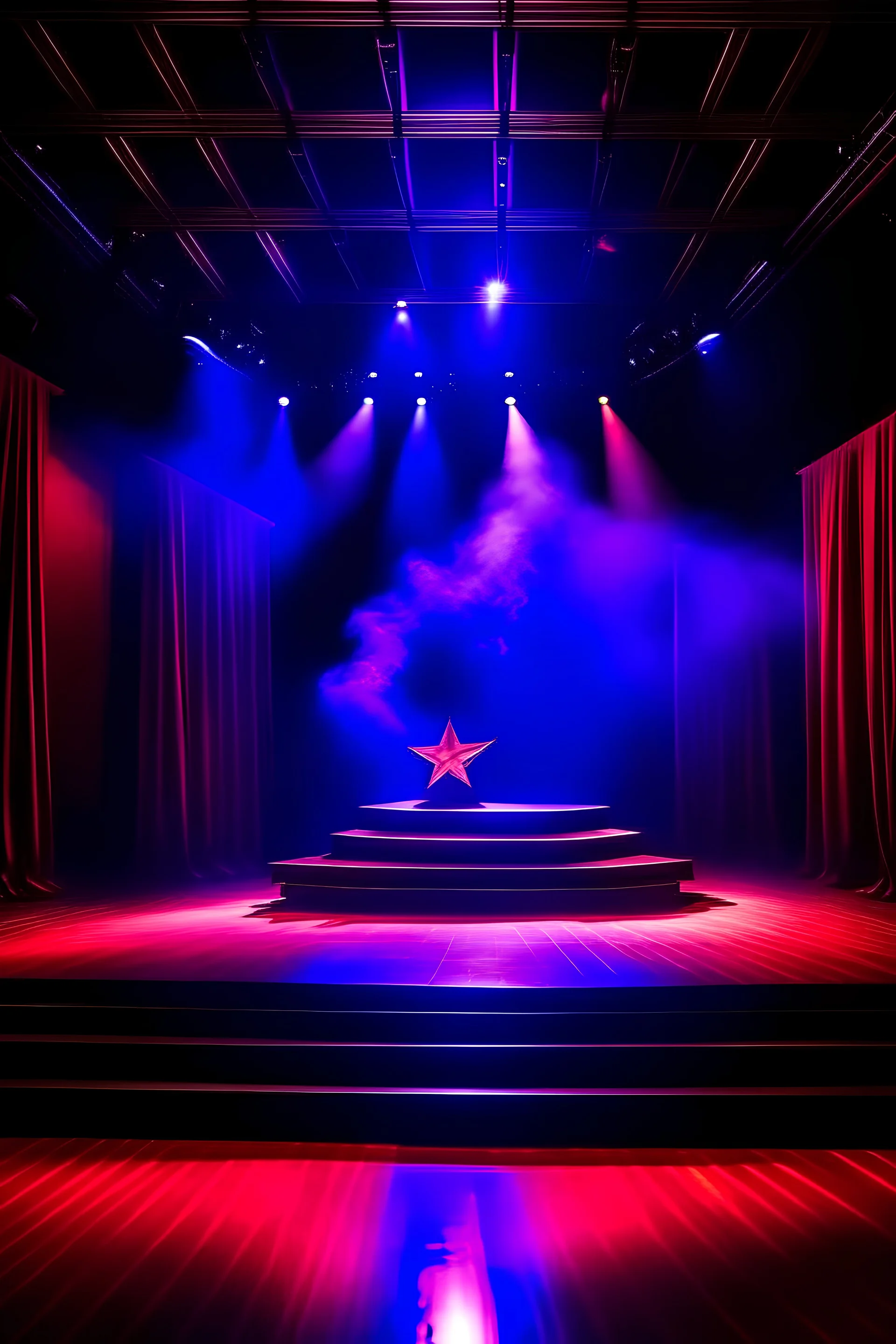 a five-pointed star on theater stage with violet and red studio down lighting and stage smoke