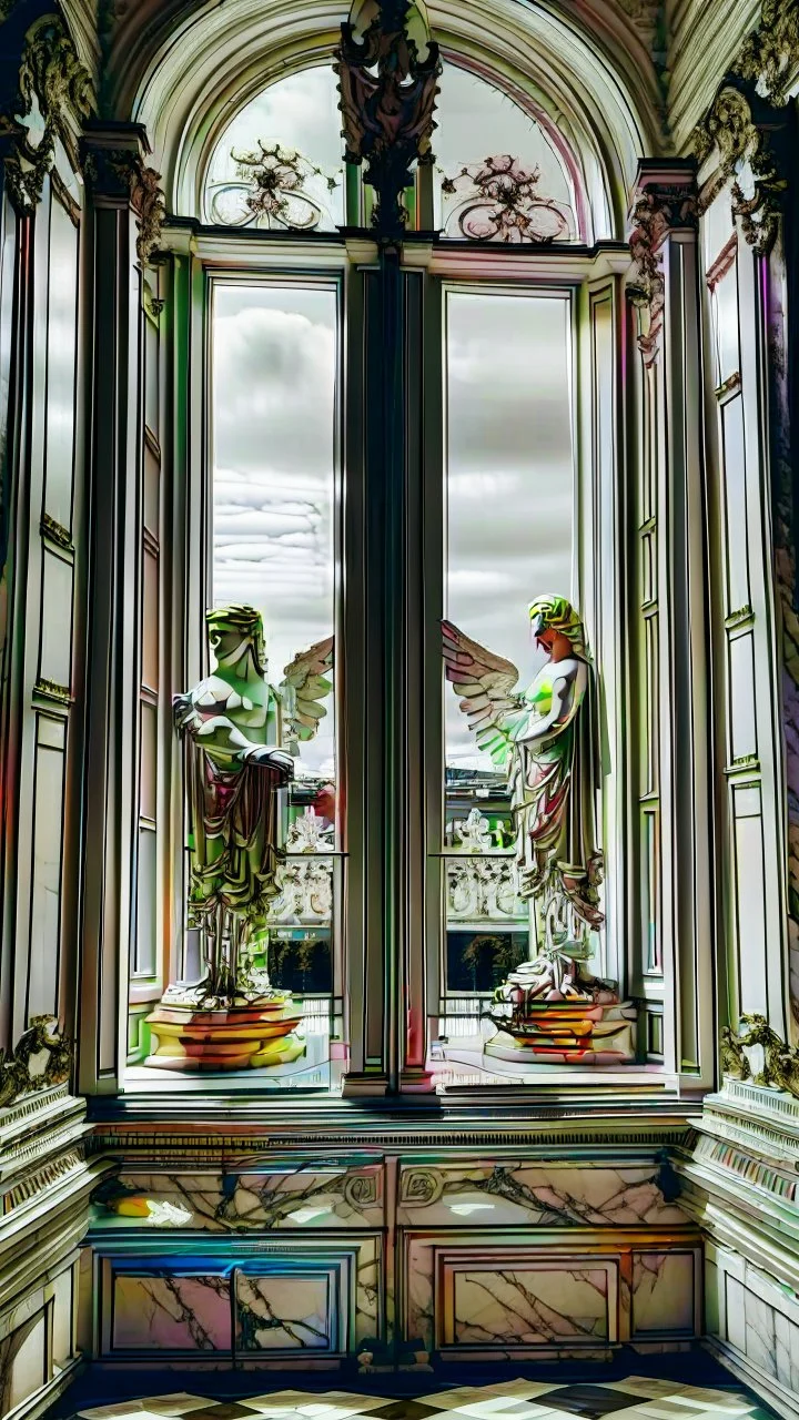 A beautiful image of the windows of the luxurious palace hall with two winged angel statues