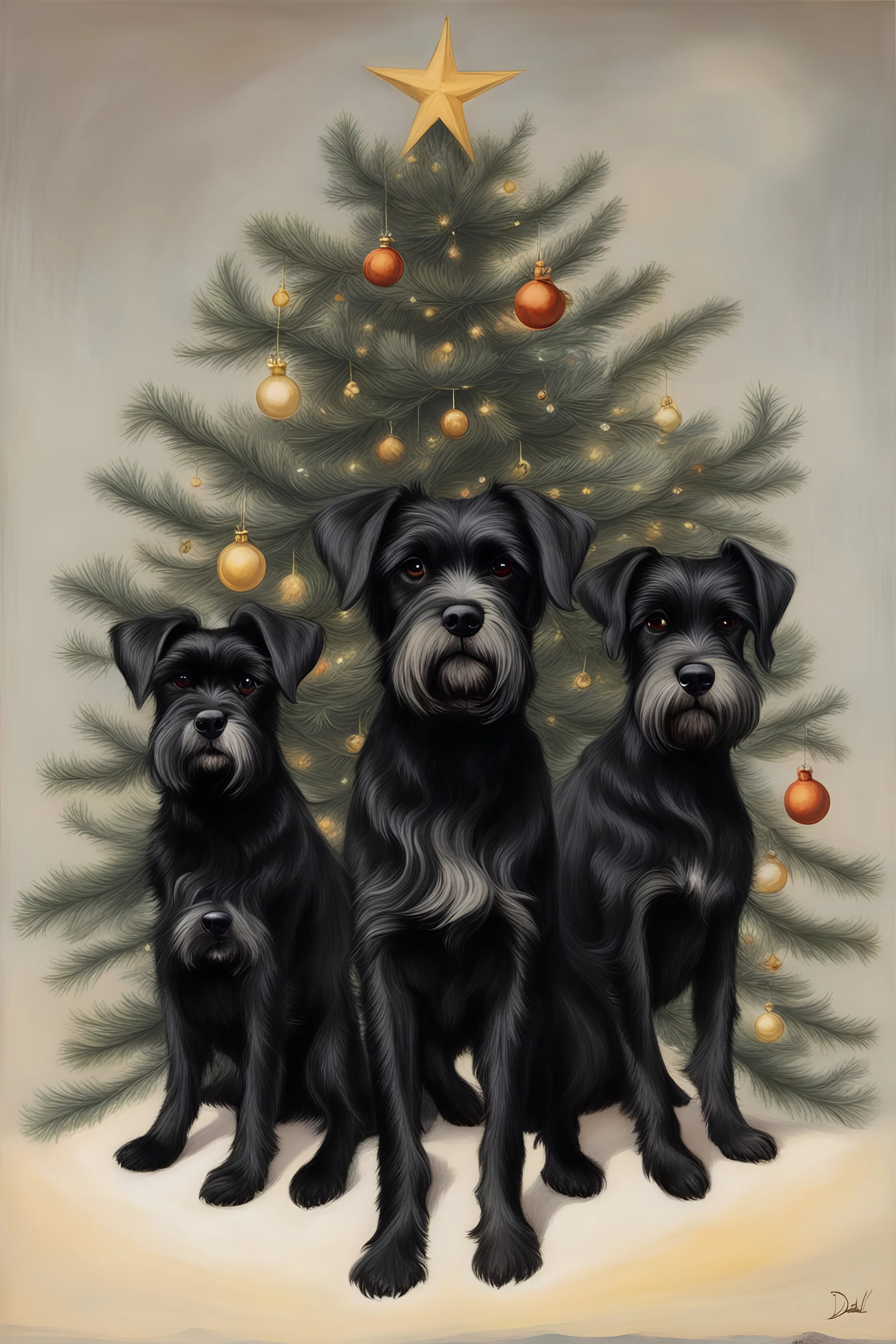 make a picture of three black schnauzers. All of the dogs are black. Behind all of the 3 dogs it is a Christmas tree. Two of the dogs have wings by Salvador Dali