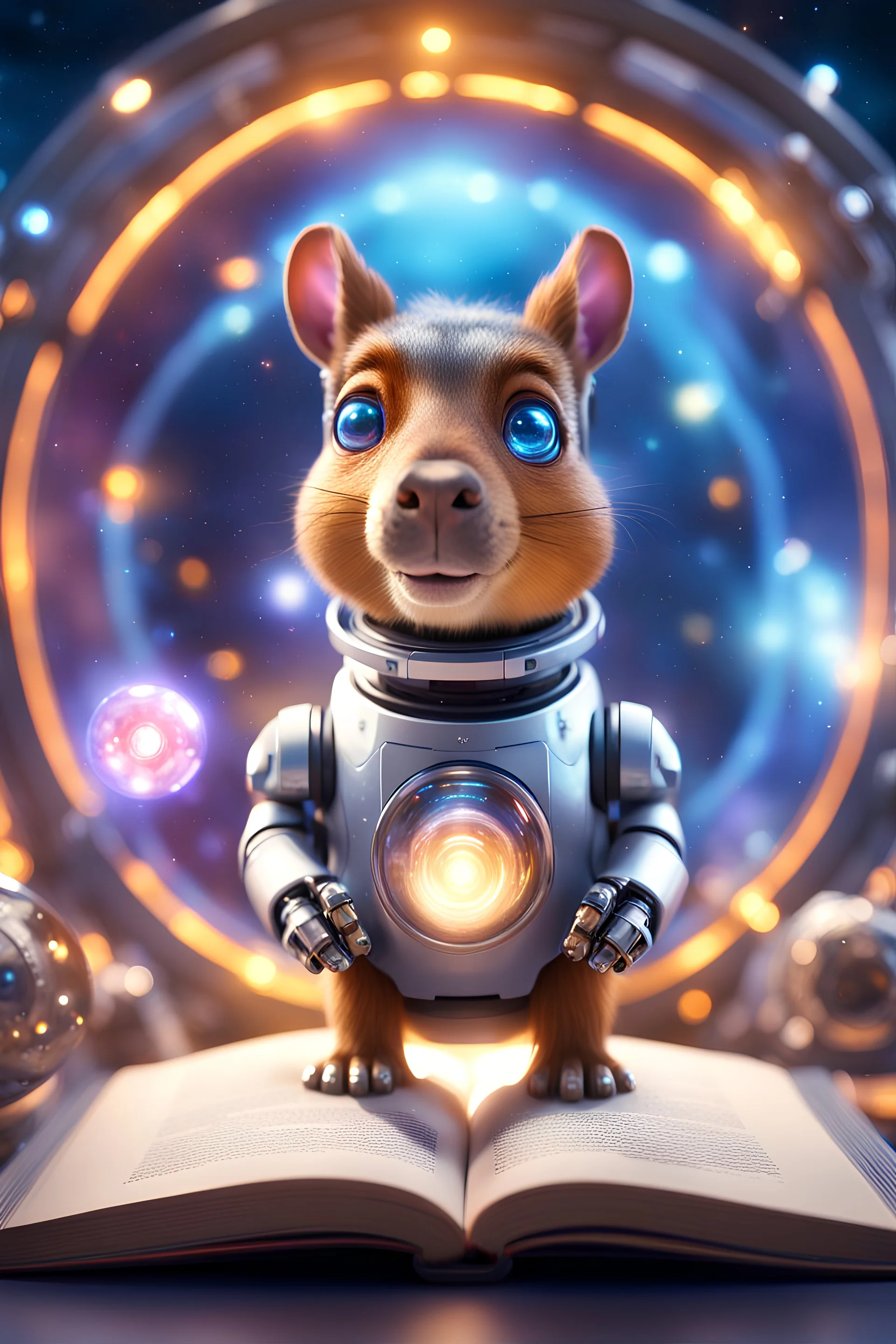 Robot hypnosis survivor at 1hit.no,book cover illustration, portrait of ultimate transcendent happy chat squirrel dog cat space hippo horse with spotlights, in front of space portal dimensional glittering device, bokeh like f/0.8, tilt-shift lens 8k, high detail, smooth render, down-light, unreal engine, prize winning