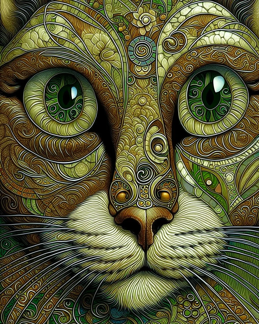 Detailed Surreal Portrait of Oriental blue and white tabby cat, with a triangular slender white face, large ears and green eyes by Gustav Klimt muted natural colors.