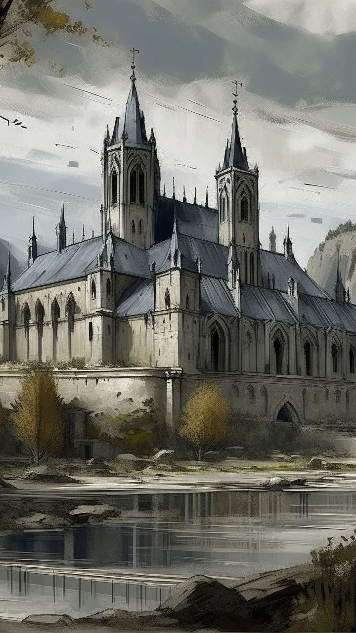 A gray monastery made out if steel painted by Claude Monet