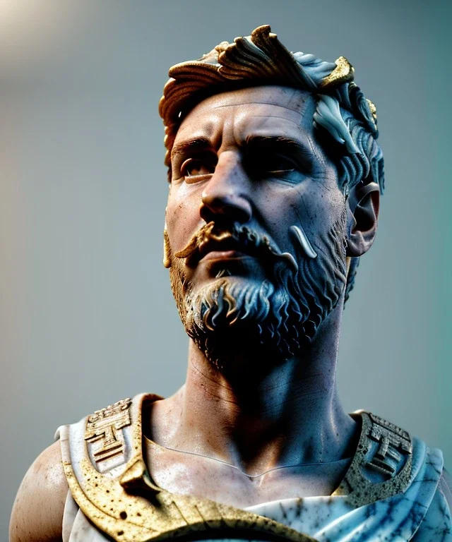 Ultra Realistic image, roman sculpture, marble deluxe material, Lionel Messi, gold Roman Laurel crown, miguel angel style, chisel style, emperador, waist up portrait, cinematic lighting, God light, god rays, 4k resolution, smooth details, ornate details, soft lighting, unreal engine 5, sky background.