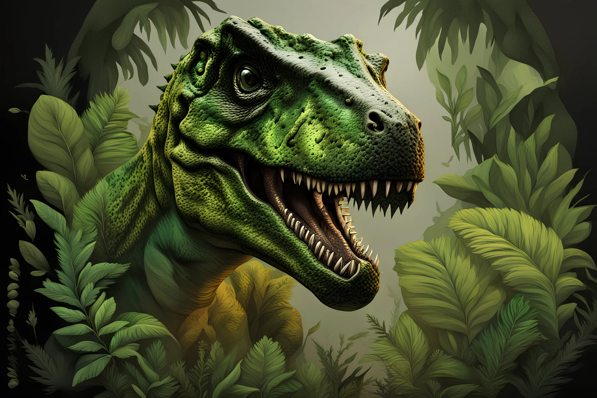 full t rex head. green and black colour pallet. plain background. no plants