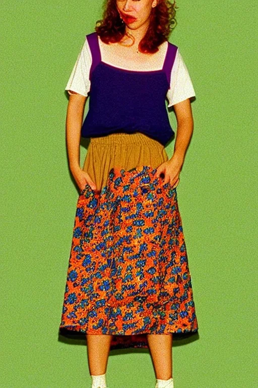 year 1996 denim fashion. Loose skirt, low waist. Combat t-shirt. Colors: denim blue, blue, purple, cream, khaki, light green, lilac, plum, orange, terracotta, red, light yellow, pink, dark blue, beige. Latex in small part. Something between Sturnus vulgaris pattern and lynx lynx prints.. bridget jones and jennifer lopez. Hoodie.