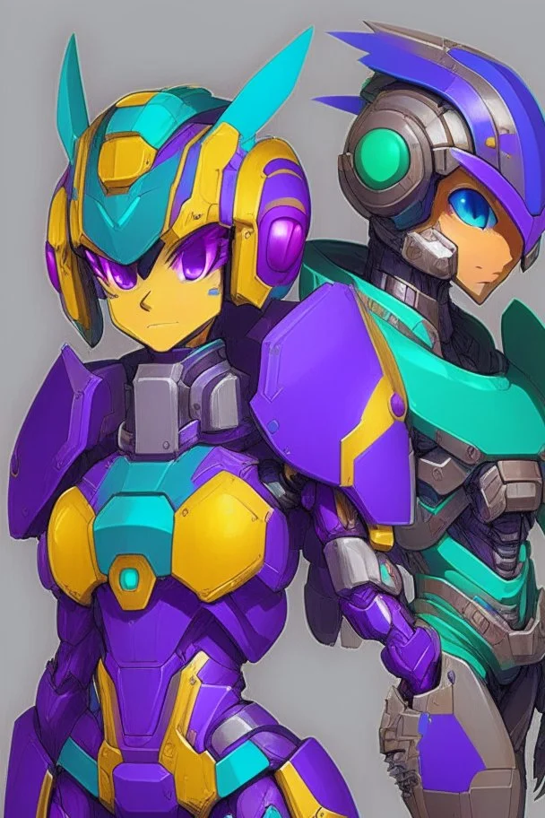 One Genderless Cyborg made of metal, has a human like face with a really long violet ponytail, the cybord is wearing armor similar to Megaman. The color palatte of the armour is deep purple and yellow. The Cyborg is not wearing a Helmet, and has Turquoise colured eyes.