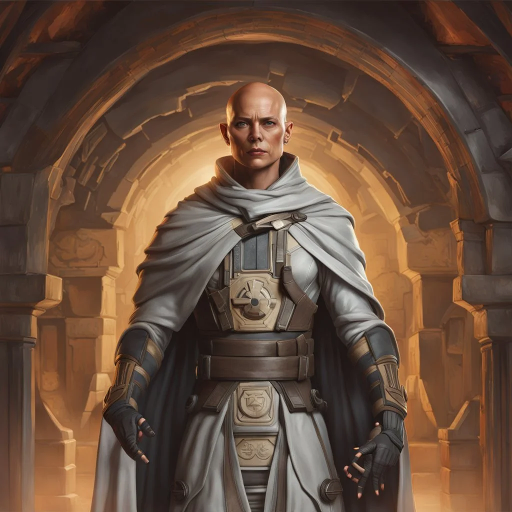 a bold and heroic bald male Corellian pilot in black and metallic grey First Order special forces gear meets a female Jedi Master in ancient, mystical temple, hyperdetailed, dynamic lighting, hyperdetailed background, 8k resolution, volumetric lighting, light skin, fully symmetric details