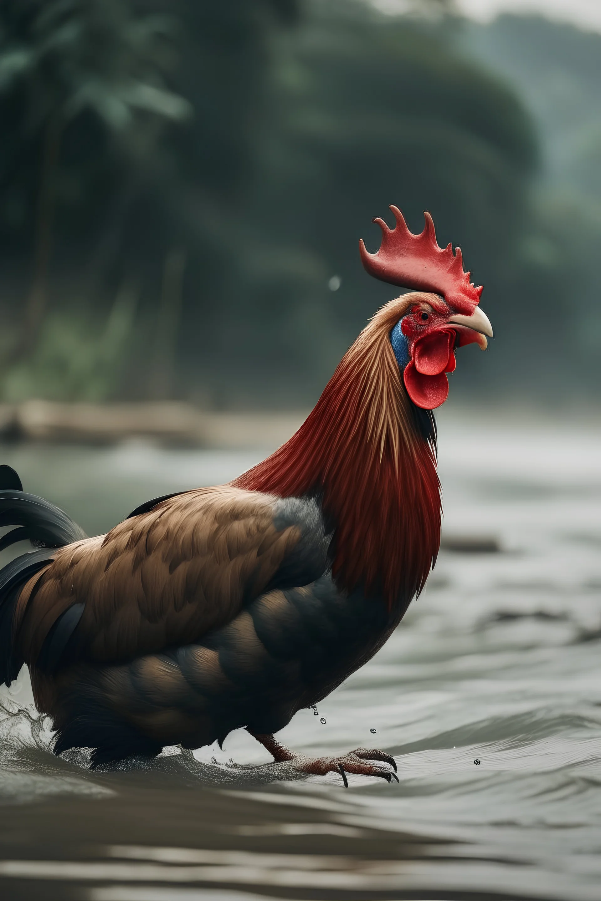 rooster named wilson floating on a raft down a dirty river. man screaming wilson lo siento
