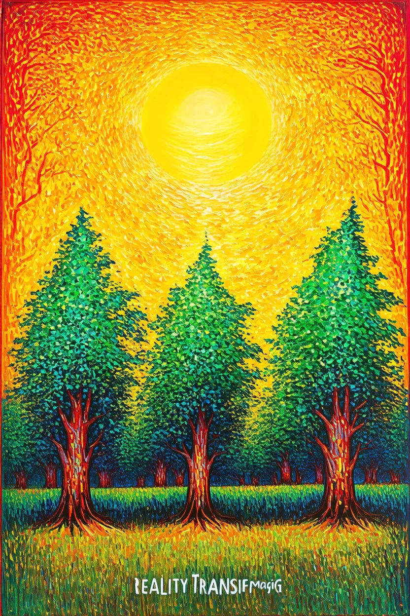 "Reality Transurfing" is an art work whose background is a Post-Impressionistic sun shining in a sky inspired by Kandinsky over a line of tall trees whose trunks are is inspired by Klimt. Their leaves are post-impressionistic in many dappled shades of green. The foreground shows a prompt of "I am pure magic" in a combination of Modernism and Dada