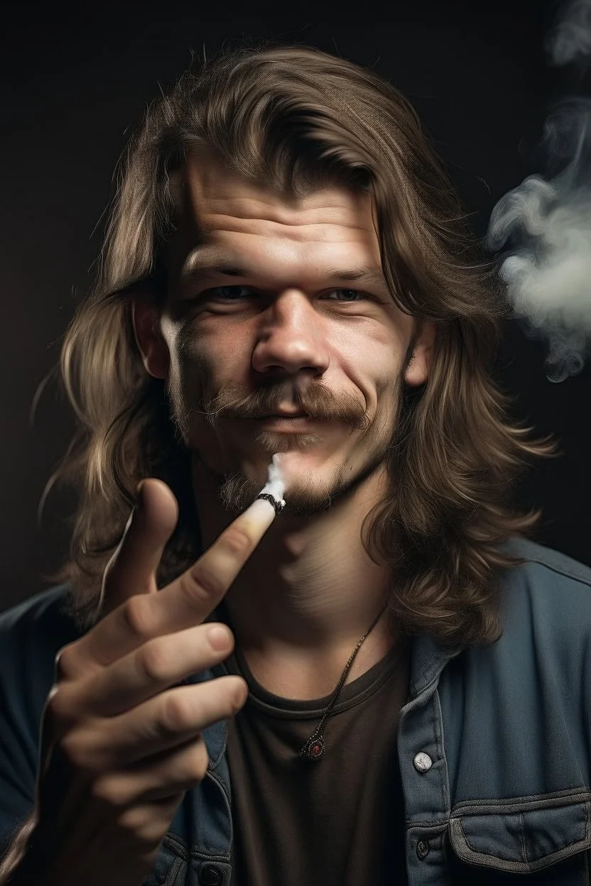 tough looking guy with a mullet smoking a cigarette and pointing his hand at the camera like a gun