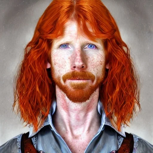 Portrait of young Courtney Gains as a ruggedly handsome, joyful, roguish pirate, charismatic, attractive male, masculine, perfect, precisely detailed clear eyes, unblemished, flawless skin, softly freckled face; meticulously detailed multi-hued ginger carrot-colored cherry fire red hair; fantasy, intricate, elegant, highly detailed, digital painting, concept art, matte, sharp focus, illustration, art by artgerm and greg rutkowski and alphonse mucha