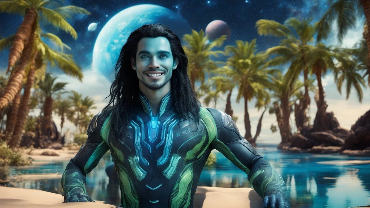 beautiful gorgeous young man na'vi with long hair, Avatar, blue skin, two small ears, green eyes, black hair, in cosmic suit, galactic ambiance, medium pointy goatee , smiling, with spaceship and planets and palm trees and clear crystaline cosmic beach in background